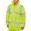 Beeswift Constructor High Visibility Jacket Saturn Yellow XL, image of a fluorescent yellow high visibility safety jacket with reflective stripes, worn by a male model.