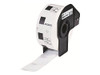 Brother DK-11221 Label Roll, Square Labels, Black on White, 1000 Labels, 23mm (W) x 23mm (L), Brother Genuine Supplies, image of a label printer with white label roll feeding out.