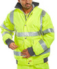 SUPER BOMBER JACKET SATURN YELLOW M, high visibility men's safety bomber jacket with reflective strips and a black collar.
