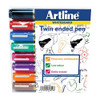Artline 2-in-1 Whiteboard Marker Bullet/Chisel Tip Assorted (Pack of 8) EK525TA, colorful markers with bullet and chisel tips displayed in packaging for whiteboards.