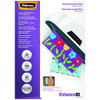 Fellowes A4 Laminating Pouches, Gloss, 160 Micron (2 x 80 Micron), Self-adhesive, Pack of 100, clear, with colorful laminating project displayed.