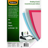 Fellowes A4 Binding Cover - 150 Microns PVC Binding Covers - Pack of 100 Binding Covers - Transparent, image of colored binding covers in blue, pink, and clear, displayed with a binding machine.