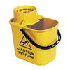 2Work Plastic Mop Bucket With Wringer 15 Litre Yellow CNT00691, a yellow plastic mop bucket with a built-in wringer and a warning label for caution on wet floors. 2Work Plastic Mop Bucket With Wringer 15 Litre Yellow CNT00691, a yellow plastic mop bucket with a built-in wringer and a warning label for caution on wet floors.