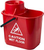 2Work Plastic Mop Bucket with Wringer 15 Litre Red CNT00684, featuring a bright red color, built-in wringer, and caution wet floor warning sign. 2Work Plastic Mop Bucket with Wringer 15 Litre Red CNT00684, featuring a bright red color, built-in wringer, and caution wet floor warning sign.