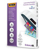 Fellowes Enhance A5 80 Micron Laminating Pouches (Pack of 100), Transparent, 5306002, with an image of the laminating pouch pack showing the product packaging, which includes an A5 laminated document being processed in a laminator.