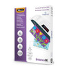 Fellowes A3 Laminating Pouches - Gloss Finish - 100 Sheets - 160 Micron (2 x 80 Micron), high-quality laminating pouches for photos and notices, with Image Last directional quality mark, shown with laminated documents and a laminator machine on the packaging.