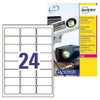 Avery Heavy Duty Laser Labels 64x34mm 24 Per Sheet White, package showing sheets of labels with 24 labels per sheet and a pack of 480 labels.