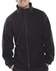 STANDARD FLEECE JACKET BLACK M, front view of a man wearing a black full-zip fleece jacket with a high collar and long sleeves, suitable for outdoor activities.