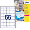 Avery Transparent Printable, Customisable Mini Return Address Labels, Laser Printers, product image showing a sheet of 65 clear labels with the number 65 printed, designed for labeling and addressing purposes.