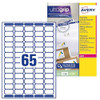 Avery Printable, Customisable Mini Organising Return Address Labels, Laser Printers, 65 Labels Per A4 Sheet, 6500 Labels, UltraGrip (L7651), White, featuring a sheet of 65 white adhesive labels with blue outlines and the number 65 printed in the center.