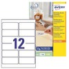 Avery L4743REV-25 Printable, Customisable Removable Labels, 12 Labels per Sheet, White, 300 Labels - A4 Size, with a sheet of removable labels and a product packaging box showing features