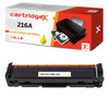 Cartridgex Compatible Yellow Toner Cartridge Replacement for HP 216A W2412A, black toner cartridge with yellow label and packaging box showing black printer and printed photos.