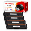 Cartridgex Compatible 4 Pack Toner Cartridge Set Replacement For HP 216A, image showing four black toner cartridges with labels and the product packaging box with a printer illustration