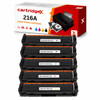 Cartridgex Compatible 5 Pack Toner Cartridge Set Replacement For HP 216A, image of five black toner cartridges labeled with HK410AK, HK410AK, HK114AC, HK131AM, and HK142AY, in front of a box showing the product details and compatible ink colors.