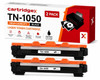 Cartridgex Compatible 2 Pack Black Toner Cartridges For Brother TN-1050 High Capacity, two black laser toner cartridges with orange protective caps displayed in front of the packaging box.