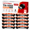 Cartridgex Compatible 10 Pack Black Toner Cartridges for Brother TN-1050 High Capacity, image of eight black toner cartridges with orange caps in front of packaging box.