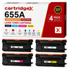 Cartridgex Compatible HP 655A Toner Cartridge Set Black Cyan Magenta Yellow, image of a box containing four toner cartridges with the labels for black, cyan, magenta, and yellow.