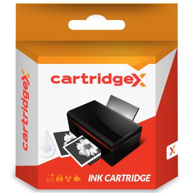 Cartridgex Compatible Label Tape, image showing a black ink label printer with printed labels and packaging design in orange, white, and black colors.