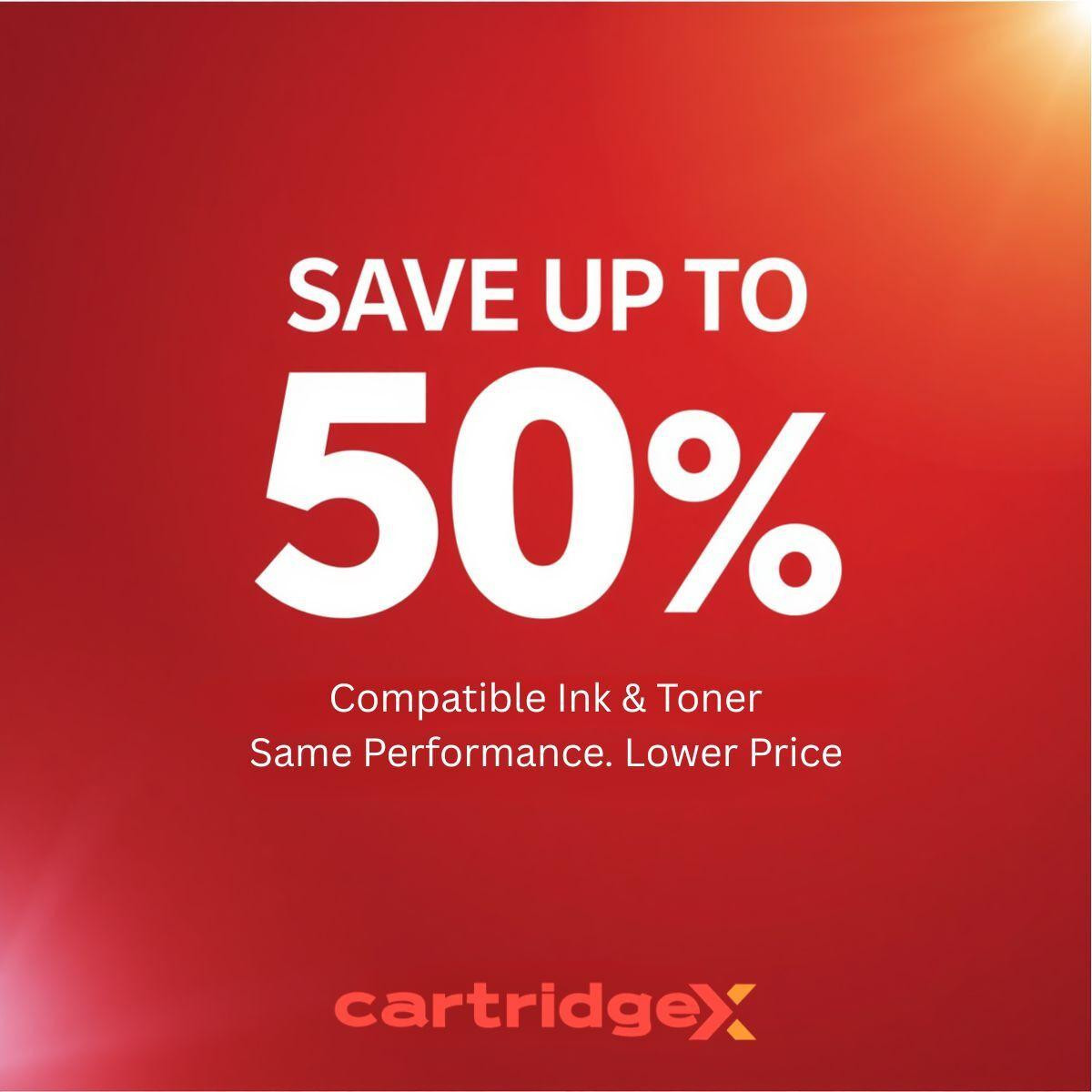 Cartridgex Compatible 2 x Black Ink Cartridge, promotional graphic showing up to 50% savings, compatible with Epson WorkForce Pro WP4595DNF6 WP-4015DN, with black background and red accents.