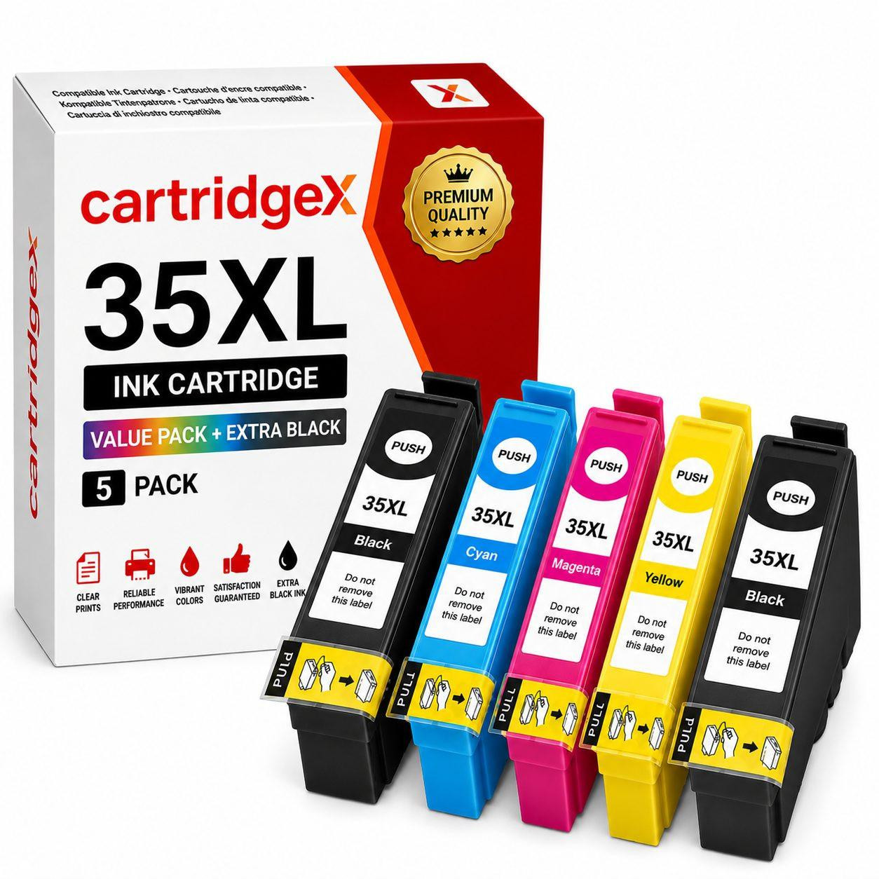 Cartridgex Compatible 5 Pack Ink Cartridge Set, replacement for Epson 35XL T3591 T3592 T3593 T3594, with two black, cyan, magenta, and yellow ink cartridges shown in the image.