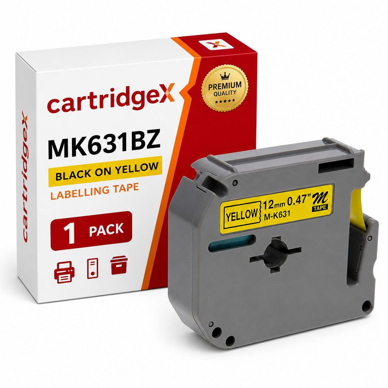 Cartridgex Compatible Label Cassette Tape Replacement For Brother M-K631BZ Black On Yellow 12mm x 8m, image of a grey label tape cassette with yellow label and packaging box in the background.