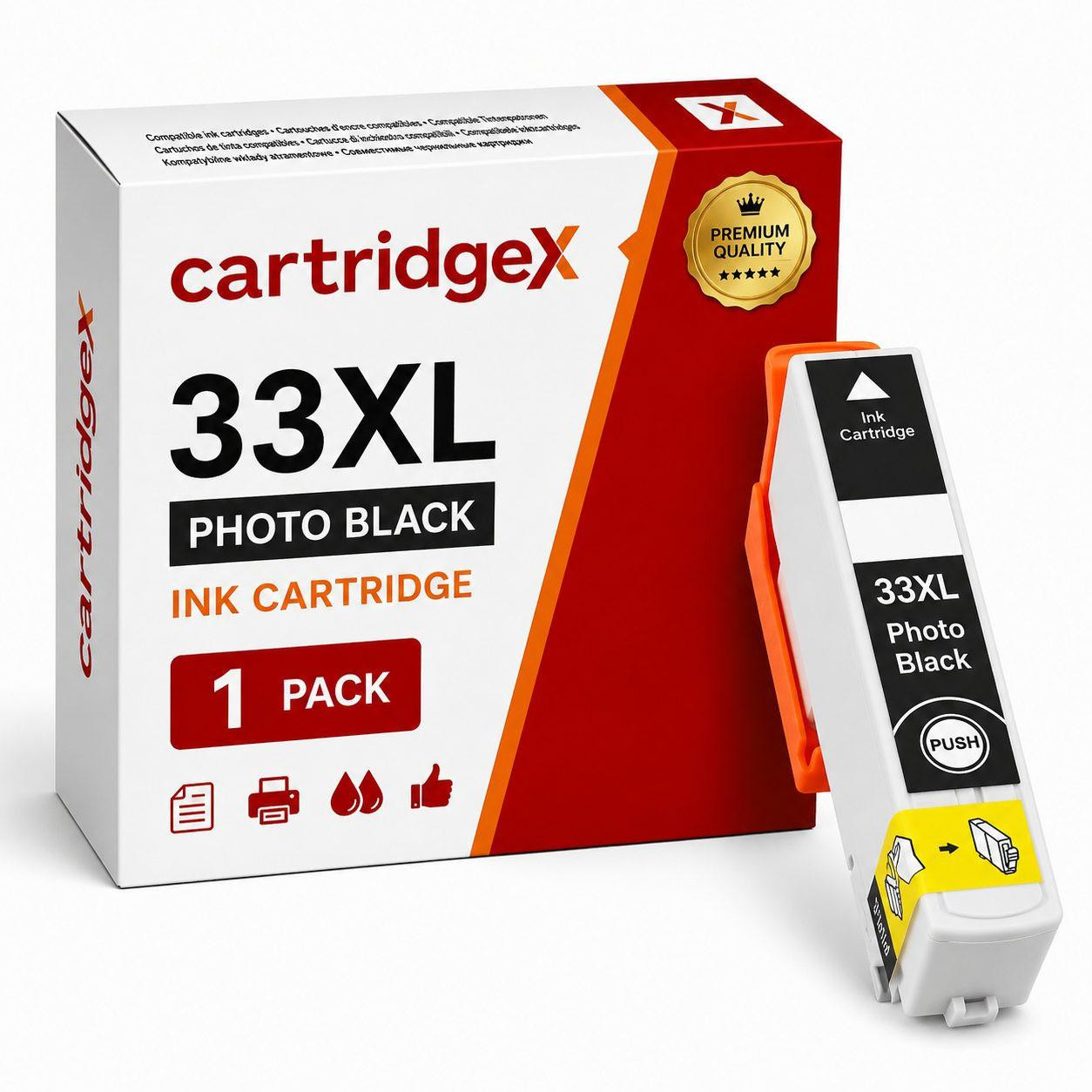 Cartridgex Compatible Photo Black Ink Cartridge Replacement For Epson 33XL T3361 High Capacity, product image showing the ink cartridge and packaging with text highlighting compatibility and capacity.