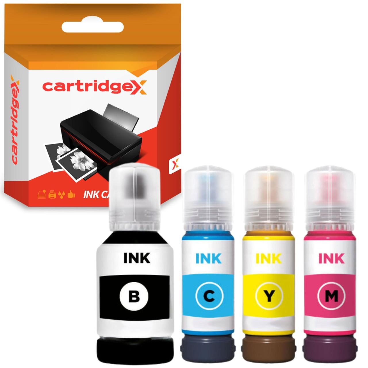 Cartridgex Compatible 4 Ink Refill Bottle Set for Epson EcoTank ET-2700 ET-2750 ET-3700, replacement for Epson 102, with four color ink bottles in black, cyan, yellow, and magenta for ink refill and printer replacement.