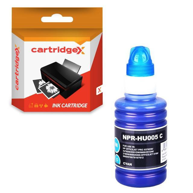 Cartridgex Compatible Cyan 100ml NON-OEM Pigment Ink For HP Officejet Pro 8100e 8600 e-AIO, image of ink bottle and packaging.