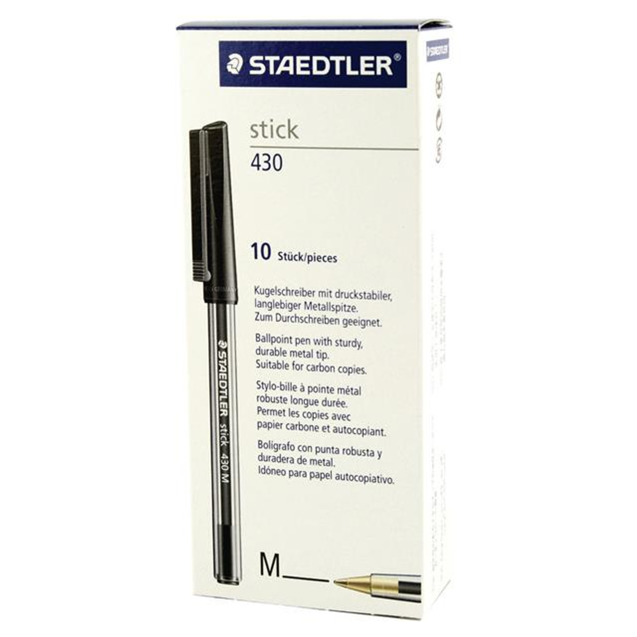 Pack of 10 Staedtler Stick 430 Ballpoint Pen Medium Black 430-M9 - Long Lasting