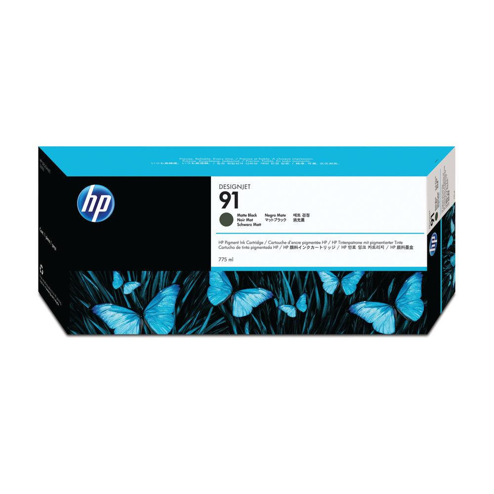 HP Genuine Matte Black HP 91 Ink Cartridge C9464A, product packaging with blue butterfly design and HP logo.