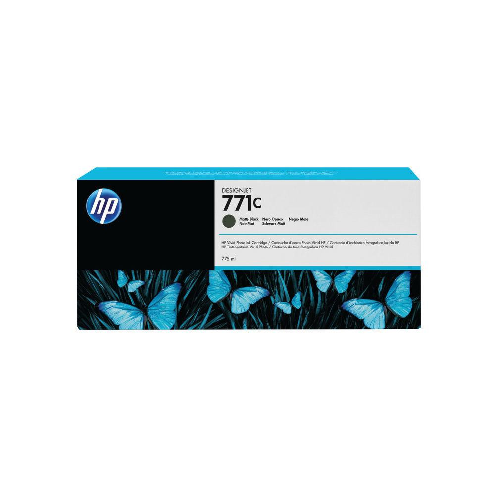 HP Genuine Matte Black HP 771C Ink Cartridge B6Y07A, product box with blue butterfly design and HP logo.
