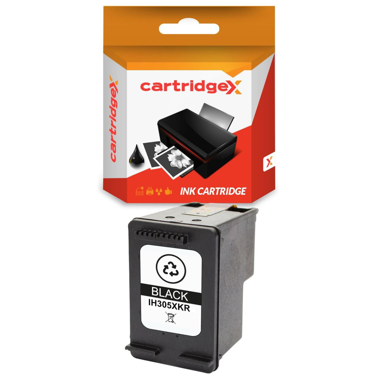 Cartridgex Compatible HP 305XL Black Ink Cartridge – High Capacity Replacement – 3YM62AE, black ink cartridge with label, alongside packaging box showing printer ink and print icons.