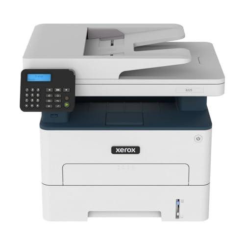 Xerox B225dni A4 34ppm Black & White (Mono) Wireless Laser Multifunction Printer with Duplex 2-sided printing - Copy/Print/Scan (3yr warranty), white office printer with control panel and paper tray, designed for efficient monochrome printing, copying, and scanning.