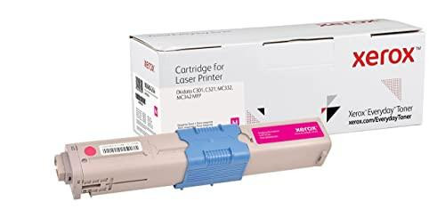Xerox Magenta Toner Compatible with OKI 44973534, Standard capacity, shown in a beige cartridge with pink and blue accents next to the white packaging box.