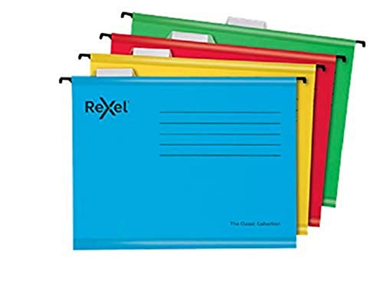 Rexel Classic A4 Reinforced Suspension Files for Filing Cabinets, 15 mm V base, 100 Percent Recycled Card, Assorted Colours, Pack of 10, 2115585