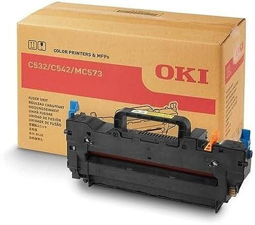 OKI 46358502 Replacement Fuser Unit for Printers, new black fuser unit placed in front of its original packaging box.