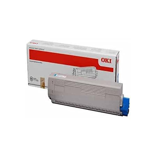 OKI C831/841 Toner Cartridge - Cyan, a cyan toner cartridge in front of its packaging box.