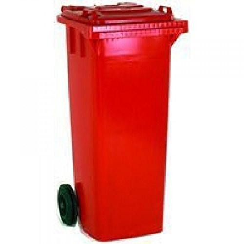 Wheelie Bin 360 Litre Red 331226, a large red outdoor trash storage container with two black wheels for easy mobility.