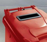Confidential Waste Wheelie Bin 240 Litre Red, close-up of the red bin with a black slot lid for confidential document disposal.