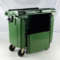 FD 1100L Drop Front Wheellie Bin Green, a large green waste management bin with wheels and a drop front lid for easy emptying and accessibility.