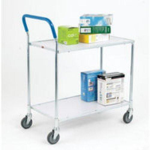 FSMISC FD 2 Tier Service Trolley MET Gry/WHT, two-tier white and gray trolley with blue handle and casters for serving and storage.