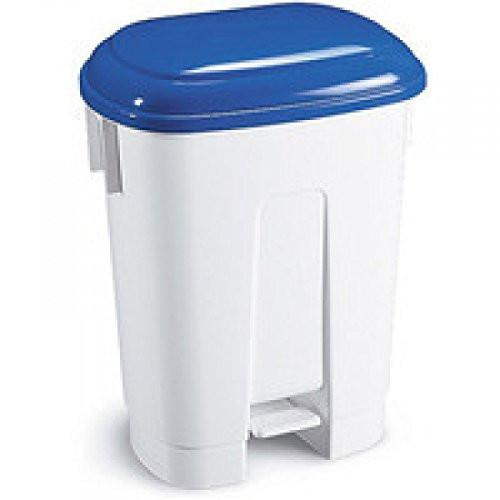 Slingsby FSMISC FD 60 LTR Plastic Bin White/Blue, rectangular waste bin with blue lid and foot pedal for hands-free opening.
