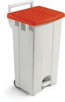 FSMISC FD 90L Mobile Pedal Bin Lid Red, a large grey trash bin with a red pedal lid for hands-free waste disposal.