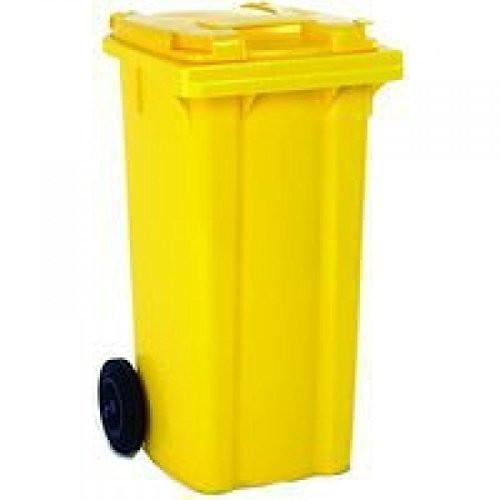 Wheelie Bin 120 Litre Yellow 331120, yellow plastic waste bin with black wheels for outdoor trash collection.
