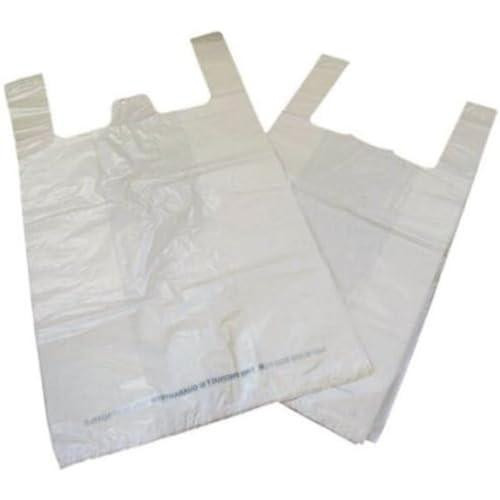 Carrier Bag Biodegradable White, two white biodegradable shopping bags with handles and perforated tops.