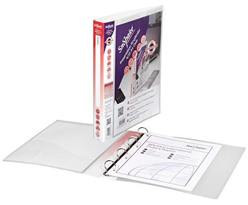 Snopake A4 4 O-Ring 25 mm Presentation RingBinder, clear plastic binder open with papers inside and pack of 10 binders standing upright behind it.