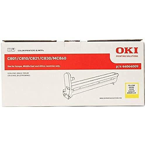 OKI Laser Image Drum Page Life 20000pp Yellow Ref 44064009, packaging box with product illustration and specifications for laser printer toner drum.