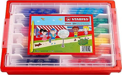 STABILO Medium Fibre-Tip Pen Power - Classpack of 144-12 x Assorted Colours, transparent plastic storage box with colorful markers arranged inside and a product label on top.
