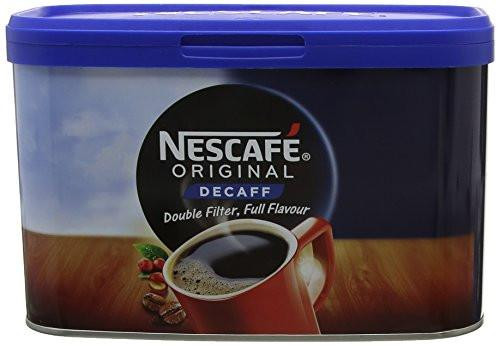 Nescaf Original Decaffeinated Instant Coffee Tin 500G, image of a blue and black coffee tin with a coffee cup illustration and coffee beans on the label.