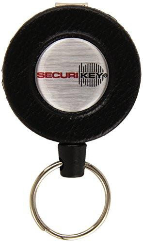 Securikey SEC80001 1200mm Heavy Duty Key Reel - Black, round black key reel with silver center and logo, attached to a keyring.